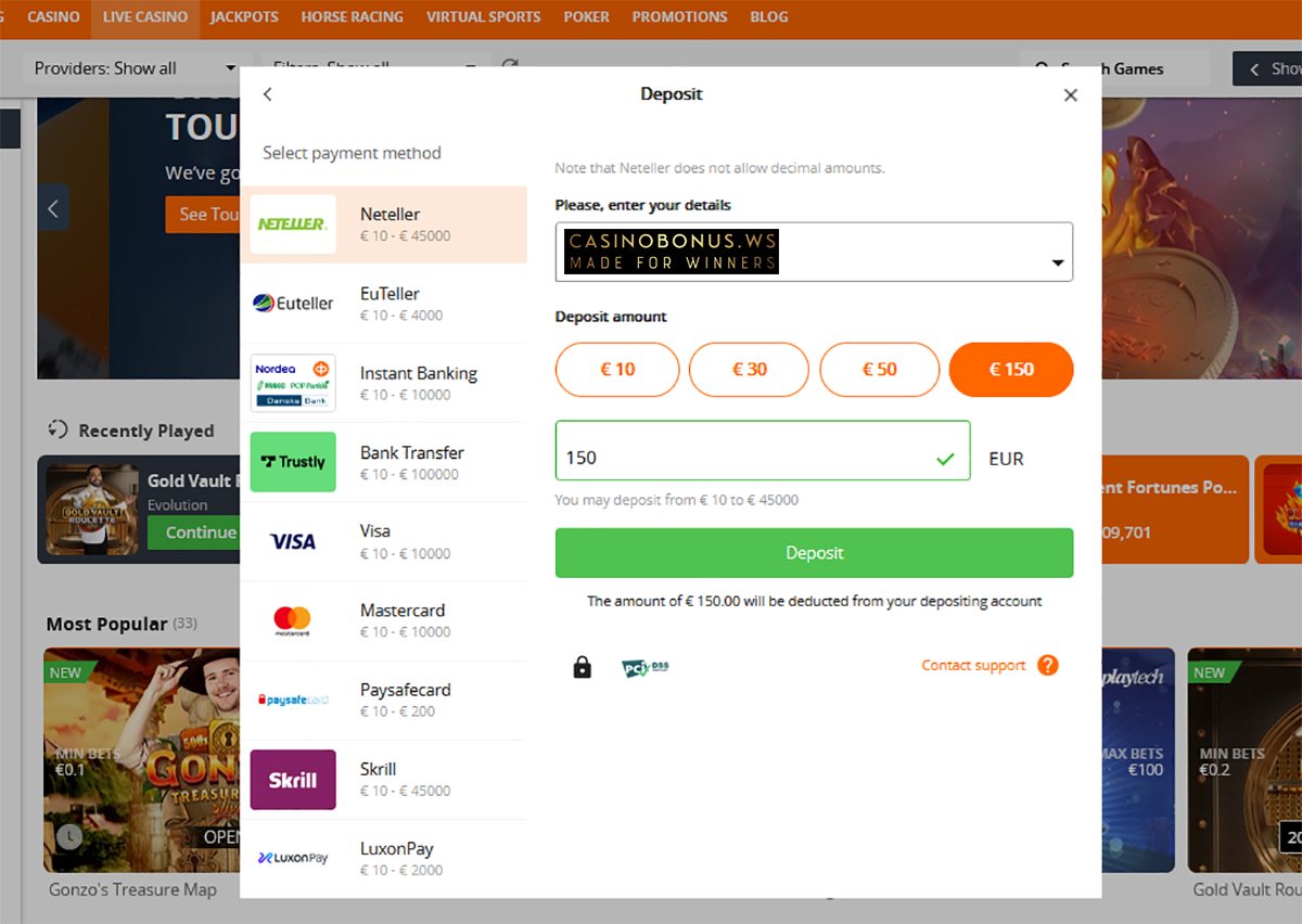 Betsson Casino Payment Methods Screenshot