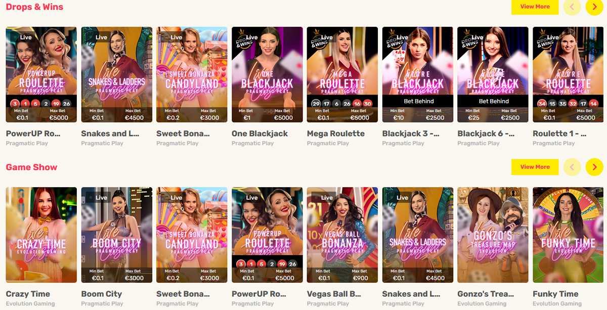 JustSpin Casino Review Live Casino Drops and Shows Screenshot