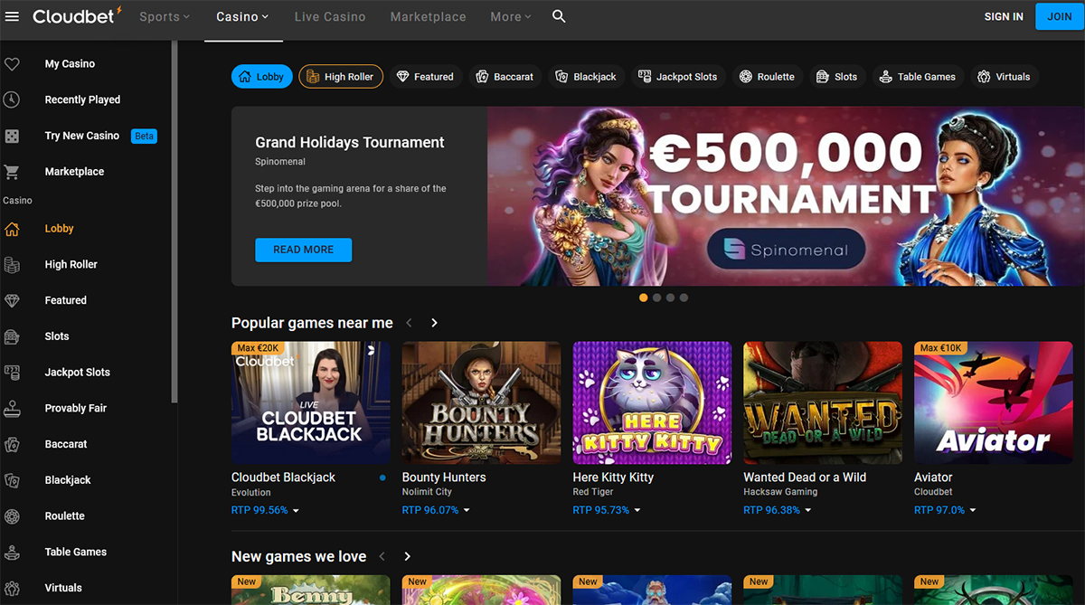 Cloudbet Casino Lobby Screenshot