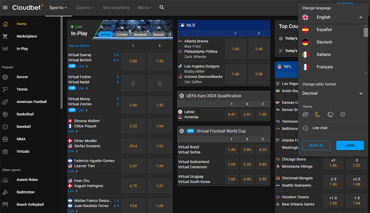 Cloudbet Sportsbook screenshot