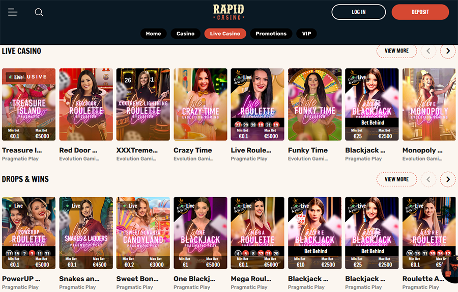 Rapid Casino review livecasino games screenshot