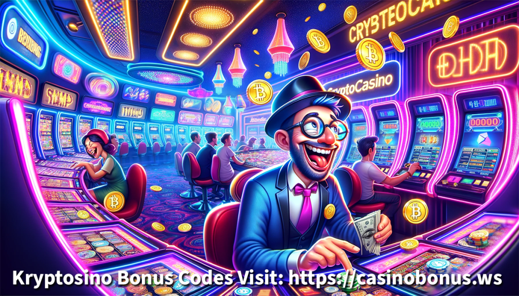Engaging cartoon character at a futuristic cryptocasino with neon lights and cryptocurrency symbols, perfect for a lively cover image.