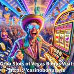 Slots of Vegas Casino No Deposit Bonuses - ecstatic character in a sequined jacket and cowboy hat plays a neon-lit slot machine.