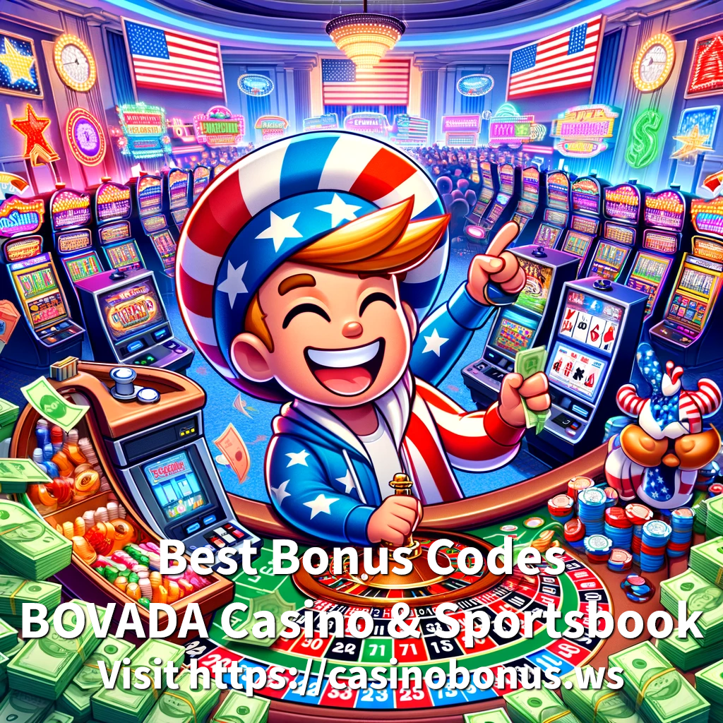 Bovada promo codes - Joyful cartoon figure playing casino games with piles of cash around in a colorful American-themed gambling setting