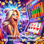 Online Casino Video Poker Bonus Cartoon of a blonde woman in ecstatic disbelief winning at Jacks or Better