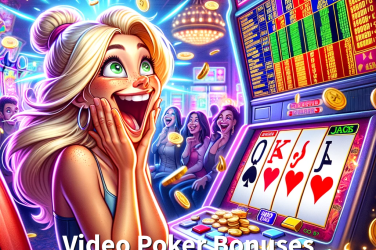 Online Casino Video Poker Bonus Cartoon of a blonde woman in ecstatic disbelief winning at Jacks or Better