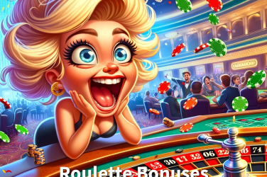 Cartoon of a blonde woman leaping with joy at a roulette table