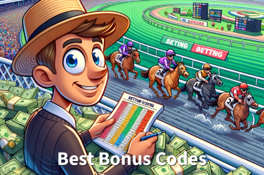 XLBet Bonus Codes - Animated character surrounded by bet slips and money at a lively horse racing event
